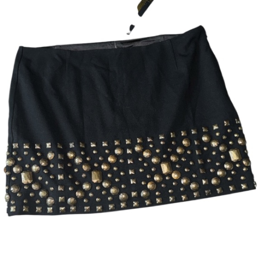 La Rox skirt Black brass Gold Embellished size 2 micro side zip NEW